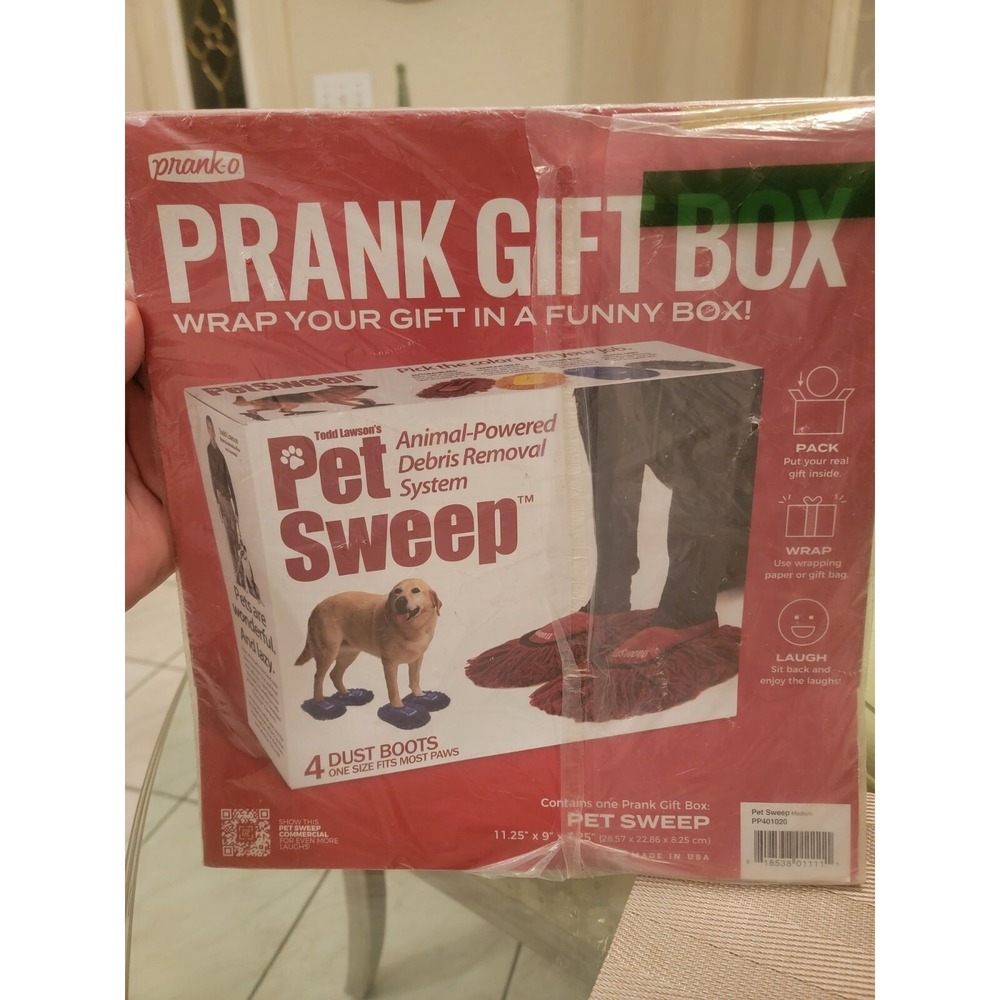 PETSWEEP Dust Boots Prank Fake Gag Funny retirement Dog Cat PARODY Joke Gift Box